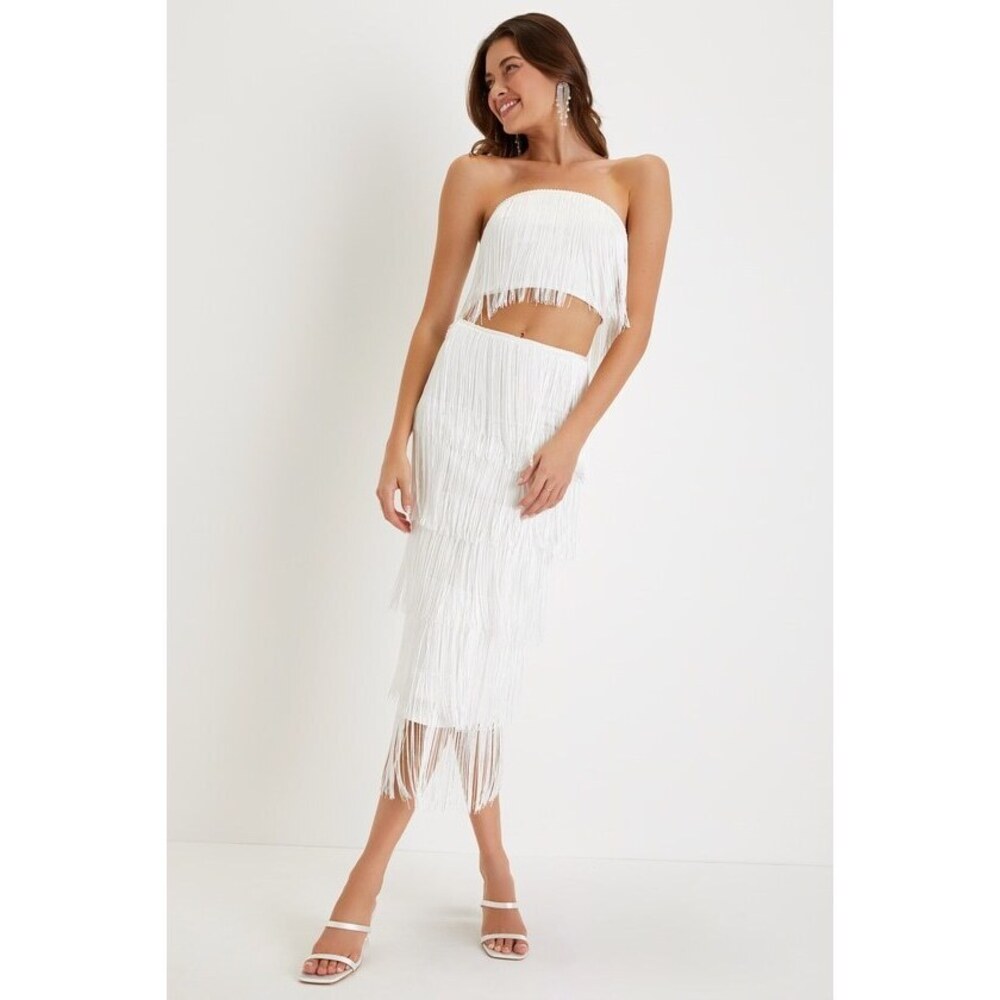 NWT Lulus Remarkable Aura White Fringe Strapless Two-piece Midi Dress - Size M